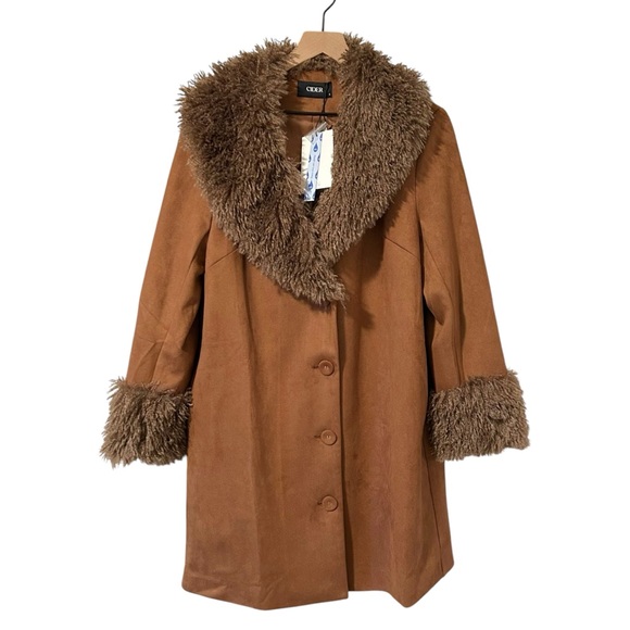 NWT Cider Brown Faux Suede Faux Fur Collar Oversized Coat - Picture 2 of 6
